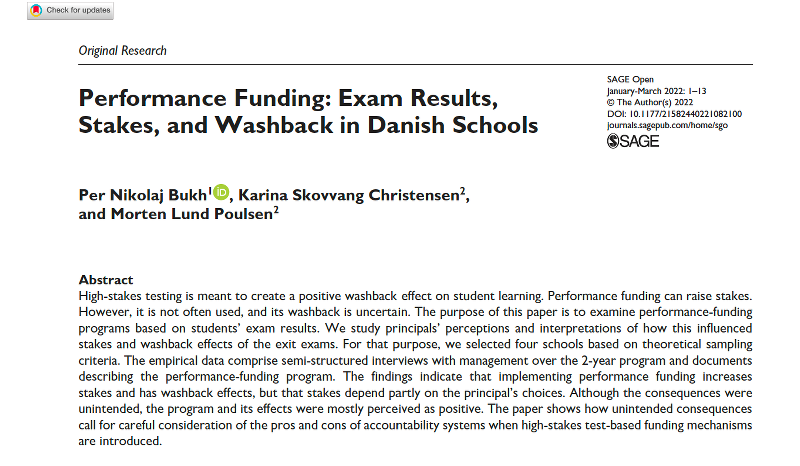 High-stakes testing is Performance Funding: Exam Results, Stakes, and Washback in Danish Schools
